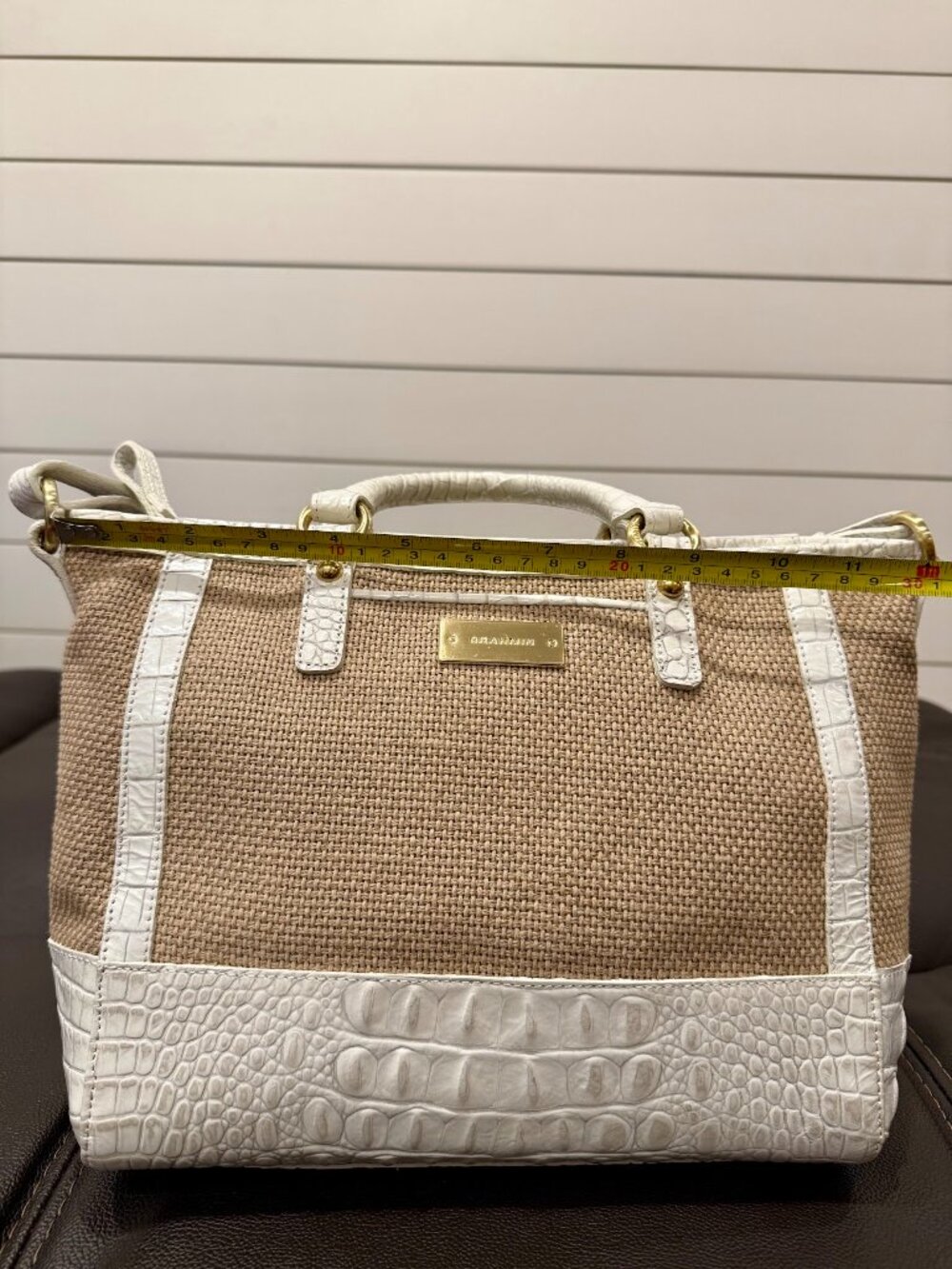 Brahmin White Croc Embossed Leather & Woven Straw Satchel Shoulder Bag - Picture 11 of 16